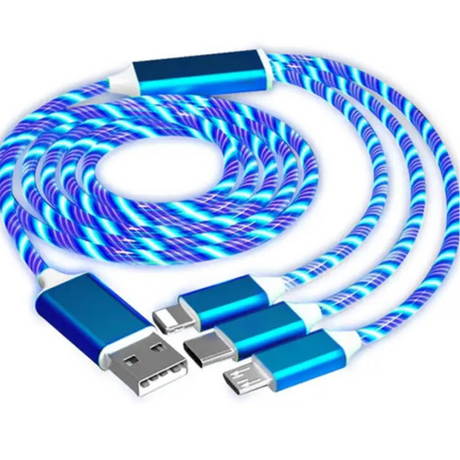 Colorful braided USB charging cable with multiple connectors.