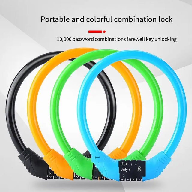 four different colored cables connected to a keyboard with a key lock