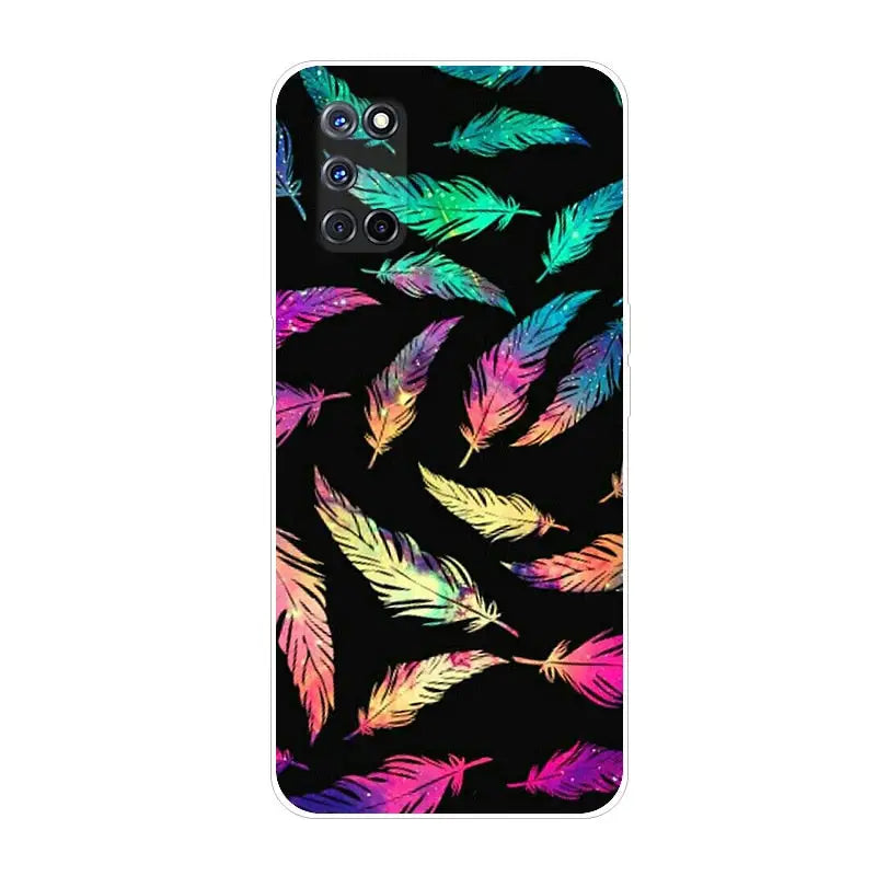 colorful feathers on black phone case