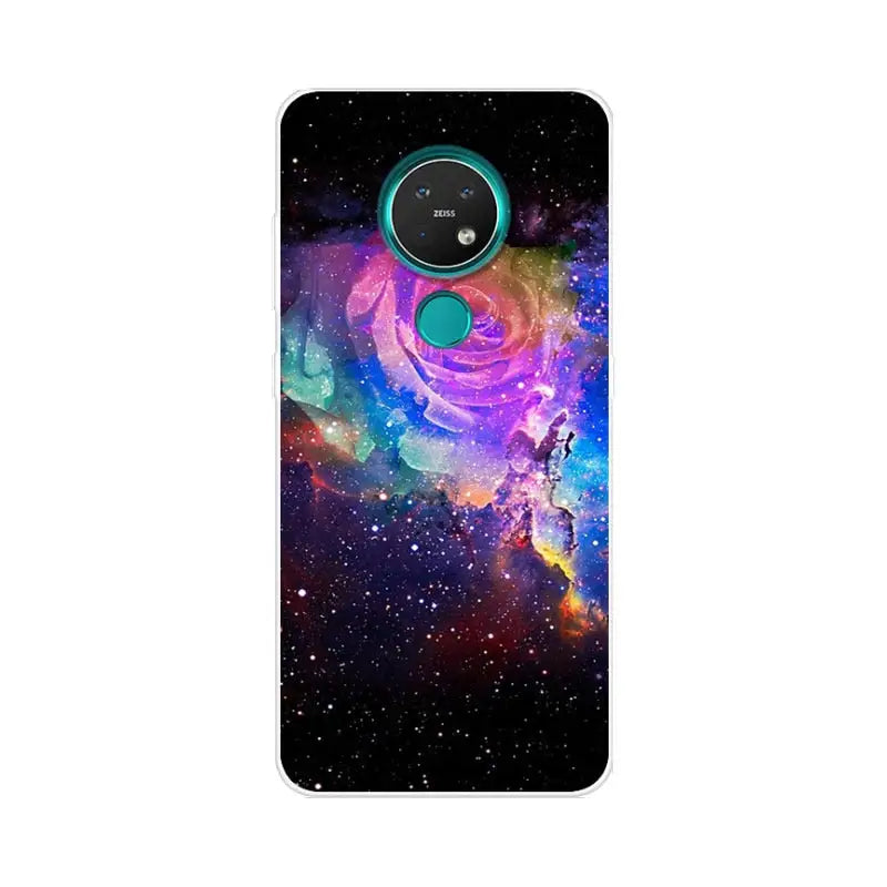 a colorful galaxy phone case with a picture of a man in a space suit