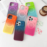 Colorful gradient phone cases with circular perforated patterns.