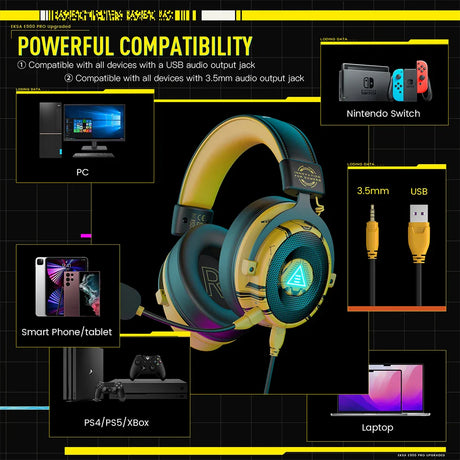 Colorful gaming headset with illuminated ear cups and a microphone.