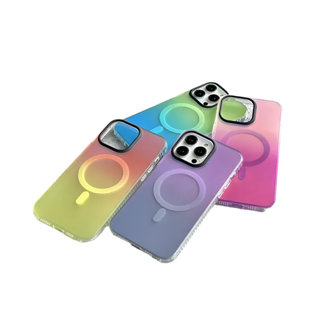 Colorful iPhone cases with MagSafe rings in various pastel gradients.