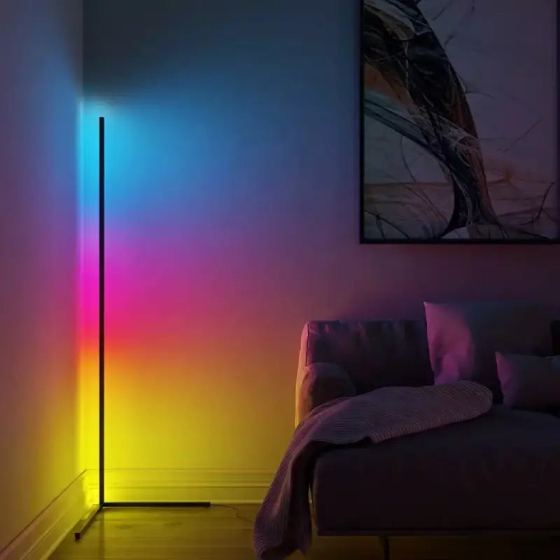 A colorful light on the wall in a bedroom