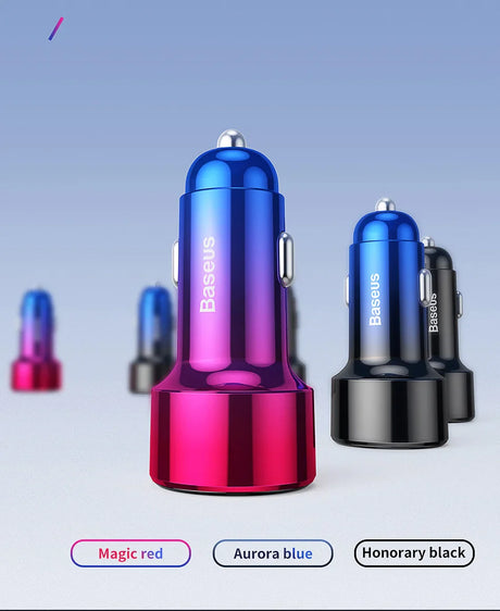 Colorful metallic car charger with a gradient blue-to-pink design.