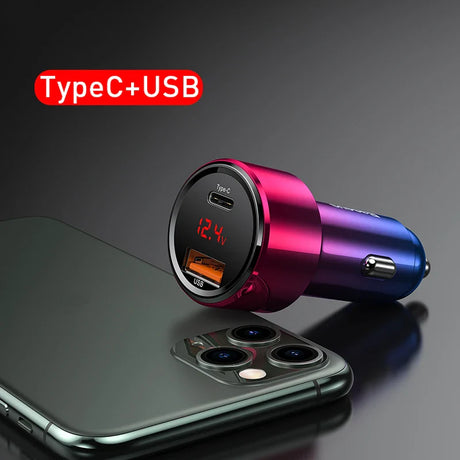 Colorful metallic car charger with USB and Type-C ports and a digital display.