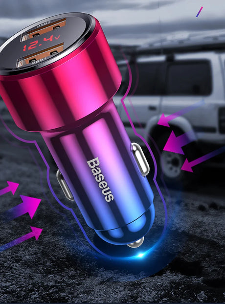 Colorful metallic car charger with a digital display showing voltage and amperage.