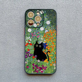 Colorful phone case featuring a black cat surrounded by vibrant flowers and plants.