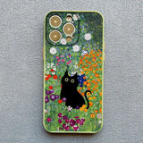 Colorful phone case featuring a black cat sitting in a vibrant flower garden.