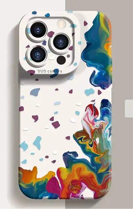 Colorful phone case with a multi-lens camera module and abstract paint-like design.