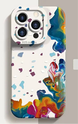 Colorful phone case with a multi-lens camera module and abstract paint-like design.