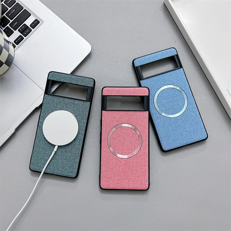 Colorful phone cases with circular cutouts for wireless charging.