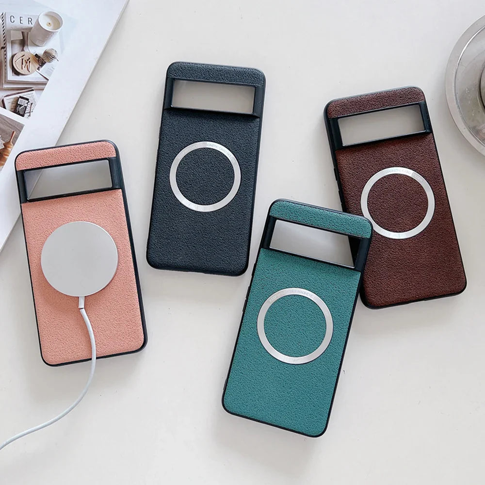 Colorful phone cases with circular cutouts for wireless charging.