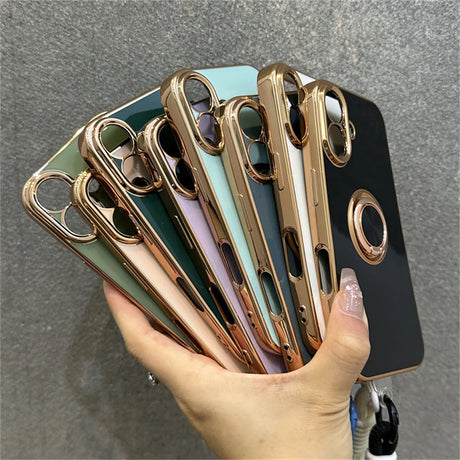 Colorful phone cases with gold trim.