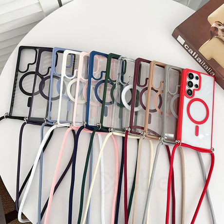 Colorful phone cases with lanyards.