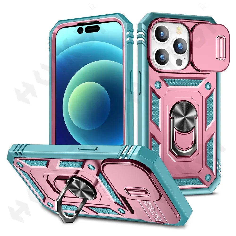 Colorful protective phone case with a built-in ring holder and camera lens cover.