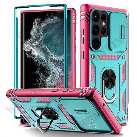 Colorful protective smartphone case with a built-in ring holder and kickstand.