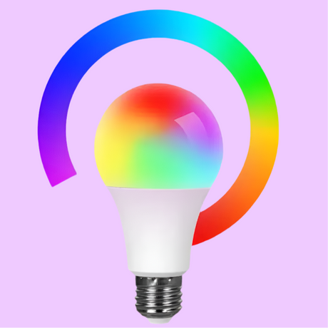 Colorful smart LED light bulb surrounded by a rainbow-hued ring.