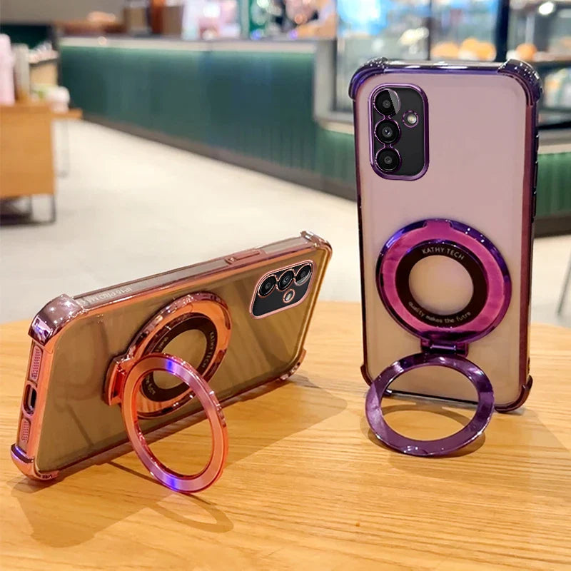 Colorful smartphone cases with attached ring holders and protective bumpers.