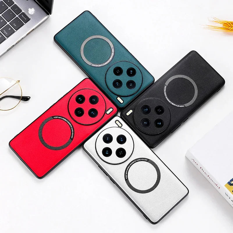 Colorful smartphone cases with circular camera cutouts and magnetic ring attachments.