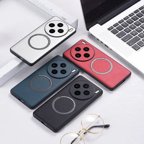 Colorful smartphone cases with circular camera cutouts and magnetic ring designs.