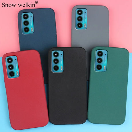 Colorful smartphone cases with prominent camera cutouts.