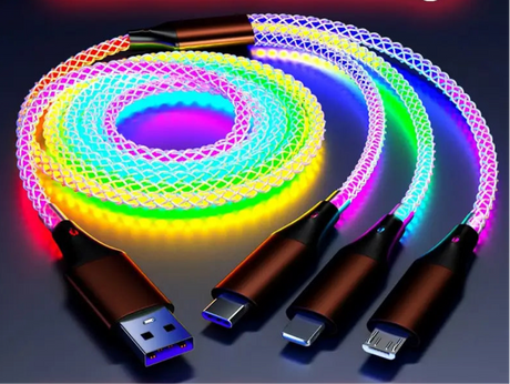 Colorful, spiral-shaped LED light strips with various USB connector cables attached.