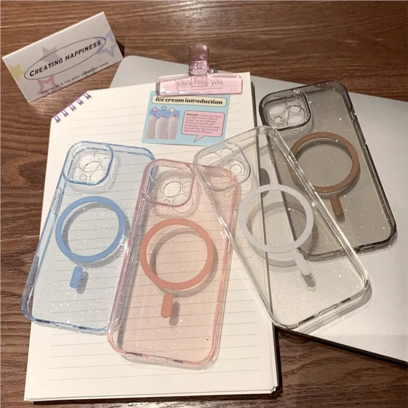 Colorful, transparent phone cases with magnetic rings.