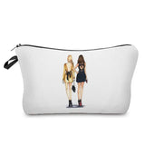 a white cosmetic bag with two girls in the background