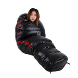 a woman in a sleeping bag