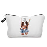 a white makeup bag with a picture of two women in the same
