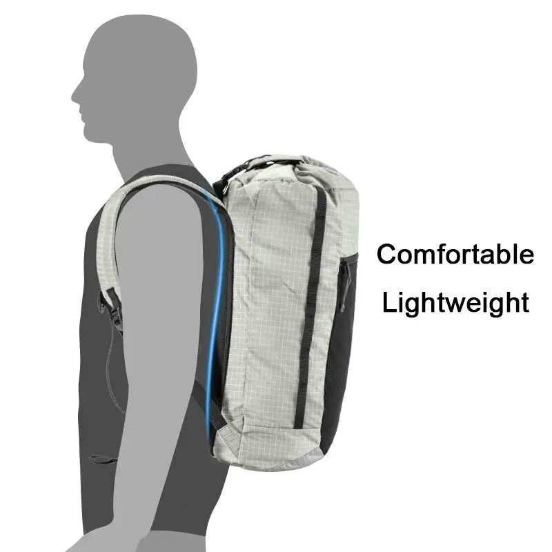 the front of a backpack with the text comfortable lightweight