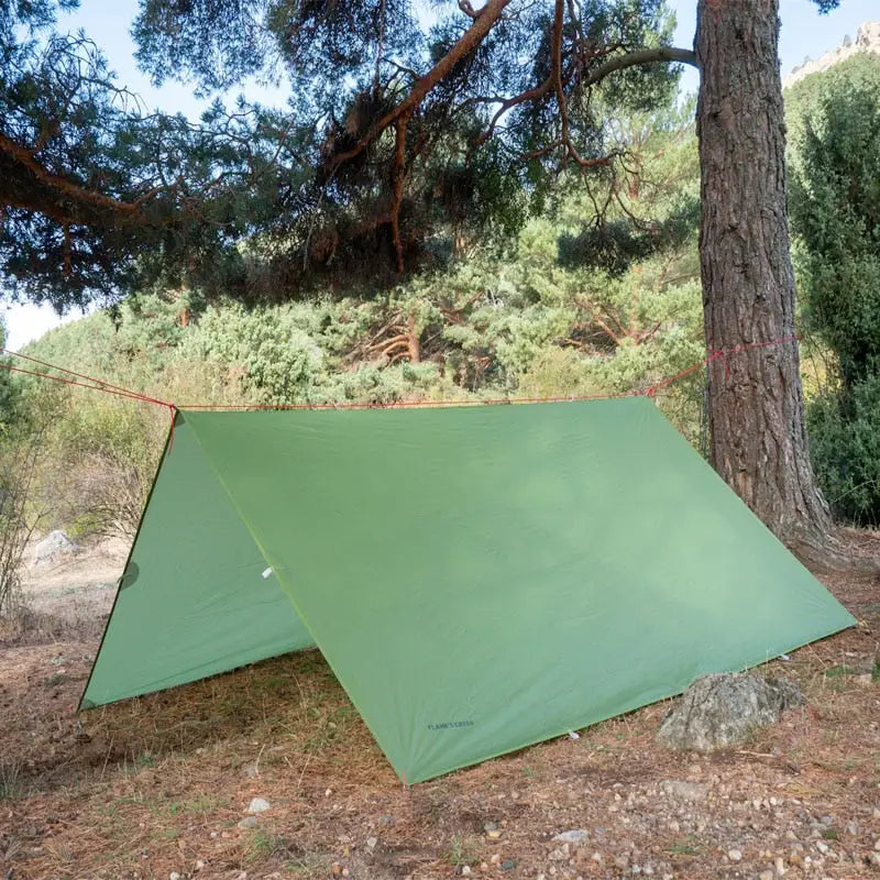 a green tent pitched in the shade of a tree