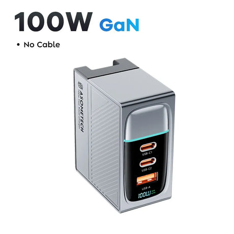 Compact 100W GaN charger with multiple USB ports and no cable.