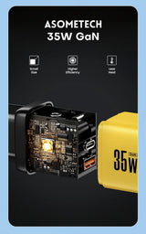 Compact 35W GaN charger with exposed circuit board showing USB ports and internal components.