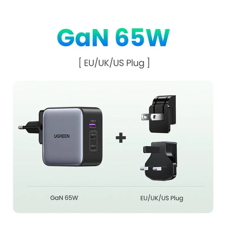 Compact 65W GaN charger with interchangeable EU/UK/US plugs.