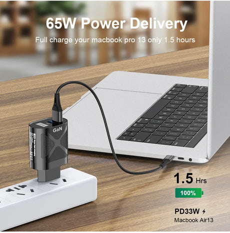 Compact 65W power adapter plugged into a power strip and connected to a laptop.