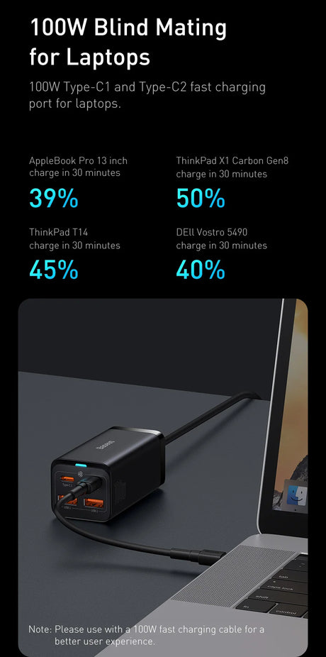 Compact black charging adapter with multiple USB-C ports for fast laptop charging.