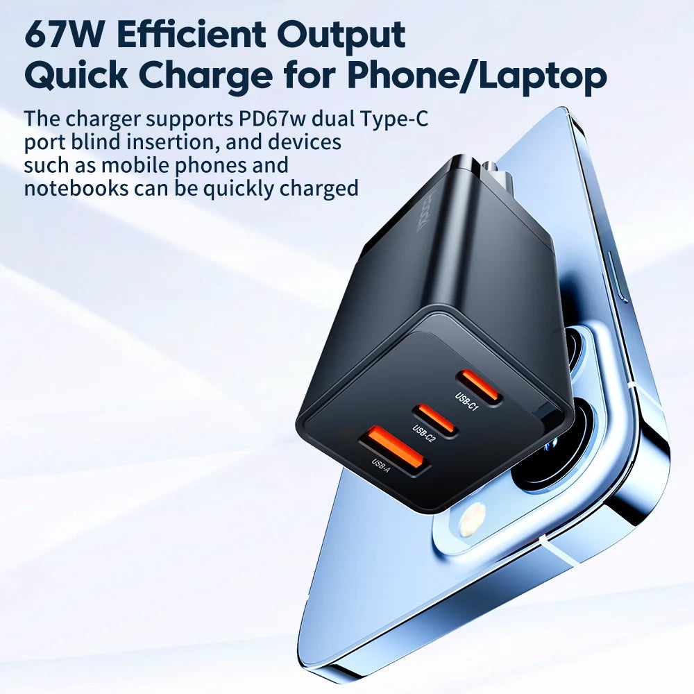 Compact black charging adapter with multiple USB-C ports for quick-charging phones and laptops.