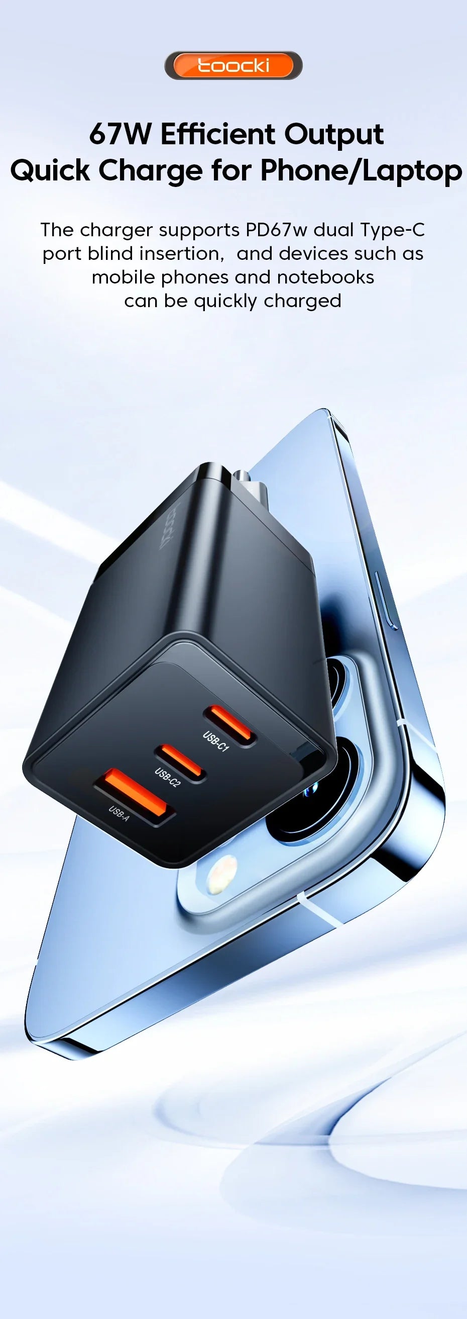 Compact black charger with multiple USB ports and orange accents.