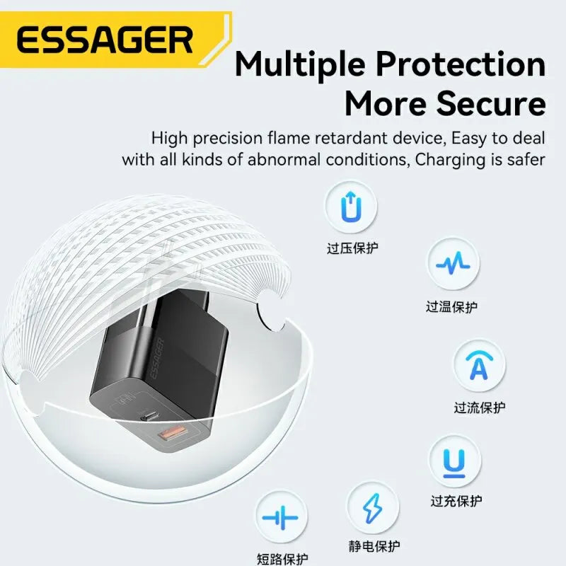 Compact black electronic device with multiple protection features for safer charging.