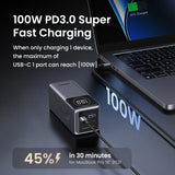 Compact black power bank with digital display and USB-C port for fast charging.