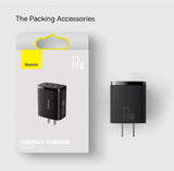 Compact black USB wall charger with dual ports.