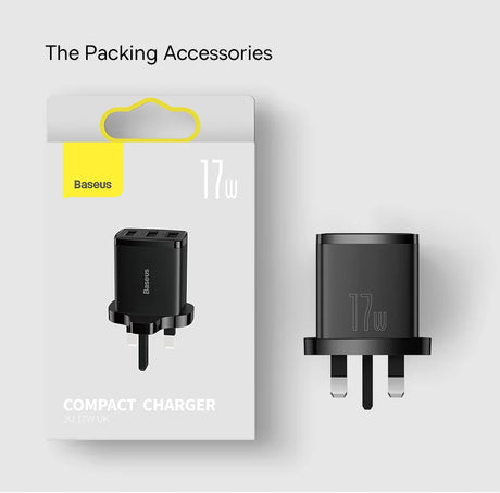 Compact black wall charger with UK-style three-pin plug.