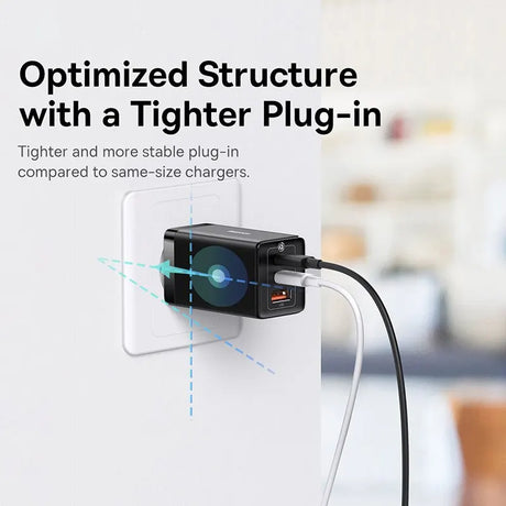 Compact black wall charger with a USB port plugged into an electrical outlet.