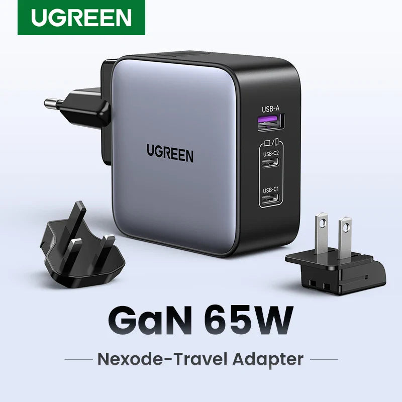 Compact dual-port USB charger with interchangeable plug adapters.