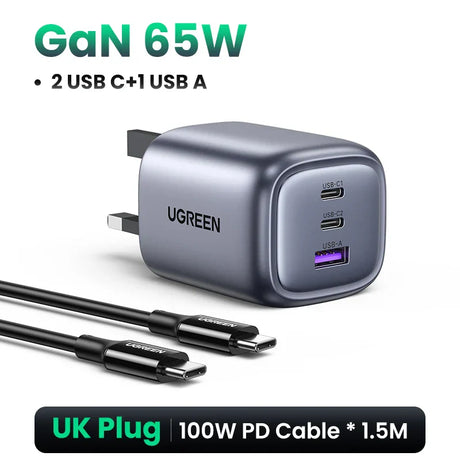 Compact GaN 65W USB charger with UK plug and included cable.