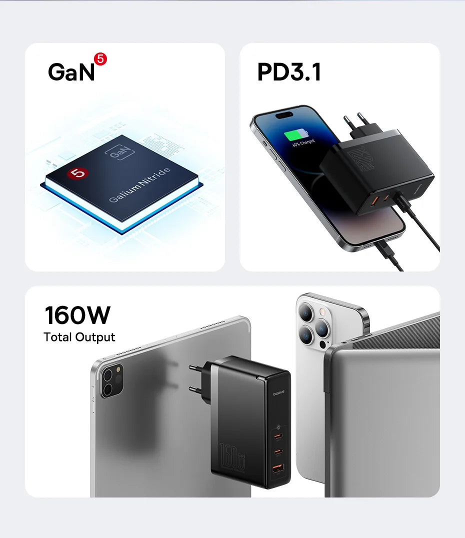 Compact multi-port charger capable of powering multiple devices simultaneously.