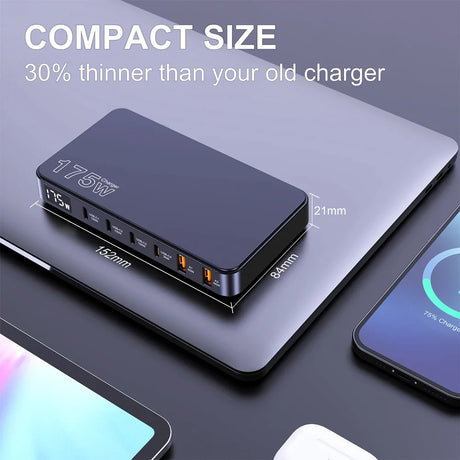 Compact multi-port charging device with a digital display.