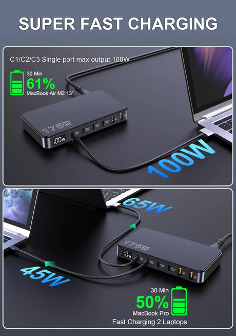 Compact multi-port charging hub for laptops with fast charging capabilities.